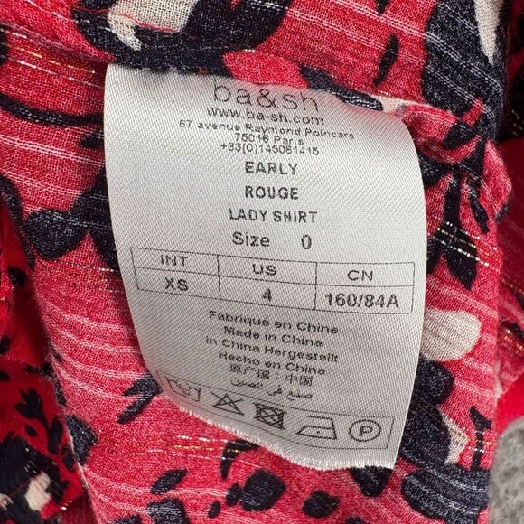 BA&SH Womens Blouse Top Floral Short Sleeve Red Black Size 4 Early Shirt - Picture 6 of 11
